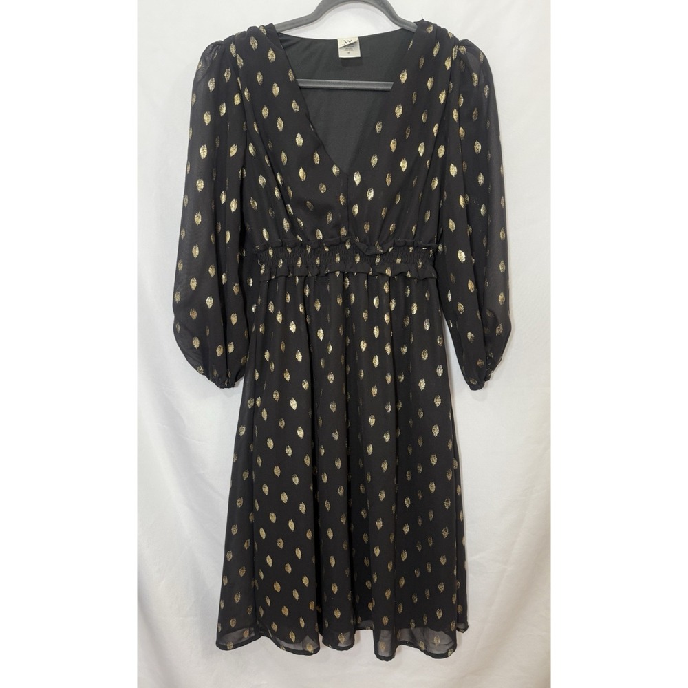 Wrapper Black Gold Chiffon Overlay Midi Dress Womens Size M 3/4 Sleeve Cocktail‎